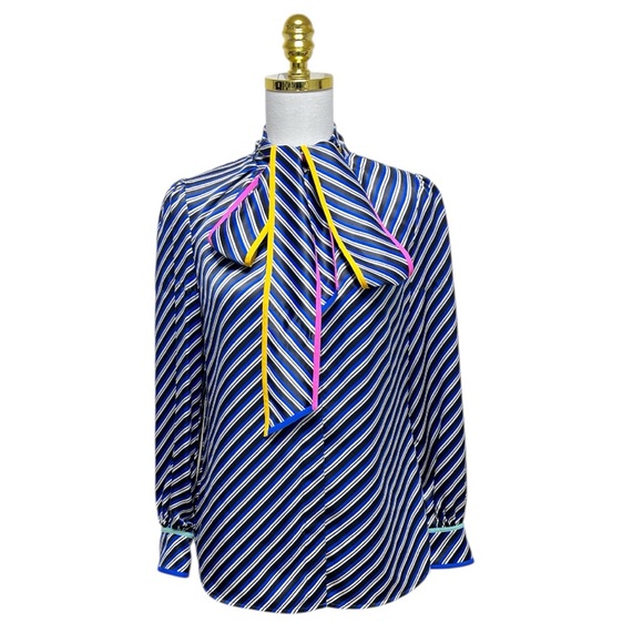 Tory Burch Silk Blue Striped Tie Neck long Sleeves Blouse Size 6 - Picture 2 of 16